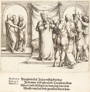 Kristus hånas och Kaifas river sönder sina kläder, 1549. av Augustin Hirschvogel