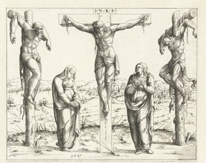 Kristus på korset och Maria och Johannes Korsfästelse Gamla och Nya Testamentets konkordans (serietitel) Concordants alt und news Testaments (serietitel) av Augustin Hirschvogel