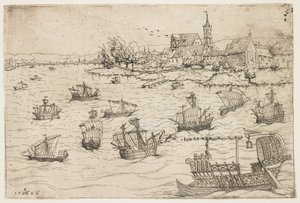 Jona och valen på en sjö med segelfartyg, 1546 av Augustin Hirschvogel