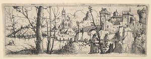 Landskap med fort och en kyrka vid en flod, 1545. av Augustin Hirschvogel