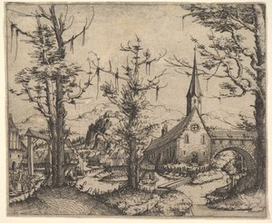 Landskap med fyra träd och en kyrka till höger, 1545. av Augustin Hirschvogel