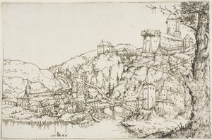 Landskap med flod, stad och slott av Augustin Hirschvogel
