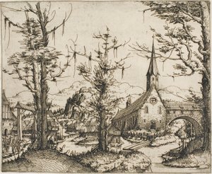 Landskap med en kyrka och täckt bro av Augustin Hirschvogel