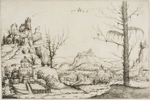 Landskap med en fästning på en kulle av Augustin Hirschvogel