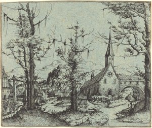 Landskap med en bykyrka av Augustin Hirschvogel