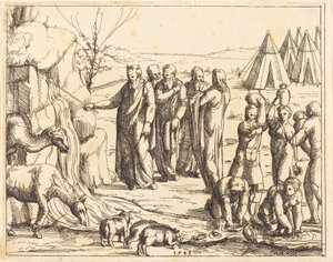 Moses slår klippan. av Augustin Hirschvogel