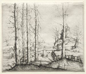 Flodlandskap med fem kala granar i förgrunden, 1549.