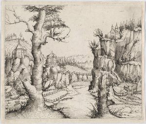 Flodlandskap med höga klippor, 1546. av Augustin Hirschvogel