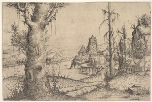 Flodlandskap med stort träd till vänster, 1546. av Augustin Hirschvogel