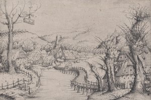 Flodlandskap med tre kala pilträd till höger och en lång slingrande träbro vid ..., 1546. av Augustin Hirschvogel