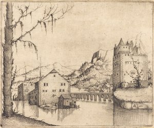 Flodlandskap med två byggnader, 1545. av Augustin Hirschvogel