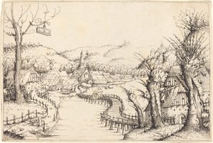 Flodlandskap med träbro, 1546. av Augustin Hirschvogel