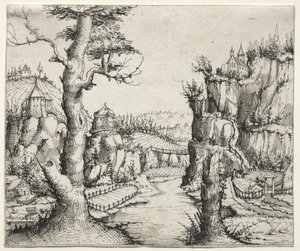Flodlandskap med stenar till vänster och till höger, 1546. av Augustin Hirschvogel
