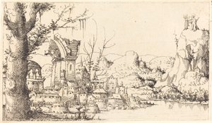 Flodlandskap med Kristi frestelse, 1545. av Augustin Hirschvogel