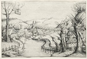 Flodlandskap med tre kala pilträd till höger och en lång slingrande träbro i mitten som leder till en by av Augustin Hirschvogel