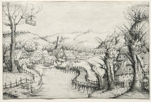 Flodlandskap med tre kala pilträd till höger och en lång slingrande träbro..., 1546. av Augustin Hirschvogel