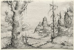 Flodlandskap med stort träd till vänster, 1546. av Augustin Hirschvogel