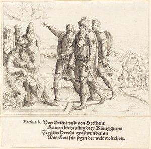 De tre kungarna berättar för Herodes om Kristi födelse, 1549. av Augustin Hirschvogel