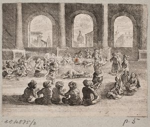 Orientalisk palatsinteriör med ett sällskap som underhålls av dansare av Augustin John