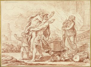 Aeneas flyr med Anchises från Trojas ruiner