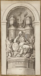 Study for a Funerary Monument, 1750 (svart krita, penna och brunt bläck, bruna och gråa tvättar, vit förhöjning på två sammanfogade ark) av Augustin Pajou