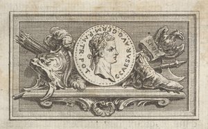 Medalj med porträtt av Caligula i den sjätte boken, från Tibère ou les six premi..., publicerad 1768. av Augustin de Saint Aubin