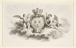 Royal Crest med Fleurs de Lis Flankerad av änglar, 1800-talsreproduktion av Augustin de Saint Aubin