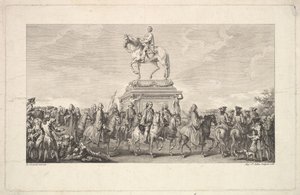 Invigningen av Statyn av Ludvig XV, Vinjett på sidan 1, från Description des Trava..., 1766. av Augustin de Saint Aubin