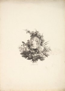 Vinjett med huvudet av Bacchus på en Cornelian, Tome I, Sida 242, från Description de..., 1778-80. av Augustin de Saint Aubin