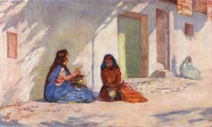 Biskra, Oulid-Nail Kvinnor som gör hennatvätt (färglitografi)