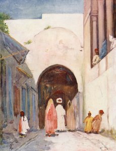 Dörröppningen till den stora moskén i Tunis (färglitografi)