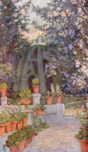 I Generalifes trädgård, Granada (färglitografi)