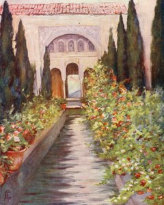Kanalen i Generalifes trädgård, Granada (färglitografi)