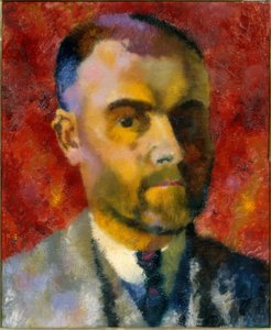 Självporträtt av Augusto Giacometti mot en röd bakgrund