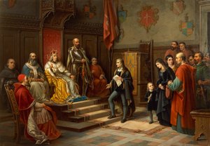 Fredrik III, pressad att marschera mot turkar av Trieste-poeten Raffaele Zovenzoni, av Augusto Tominz (1818-1883) av Augusto Tominz