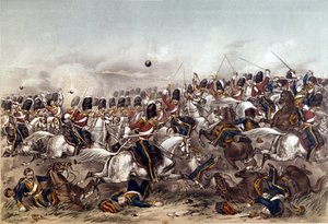 Slaget vid Balaclava. Brilliant charge of the Scots Greys, 25 oktober 1854, graverad av Augustus Butler, publicerad av Stannard och Dixon, London, 6 januari 1855