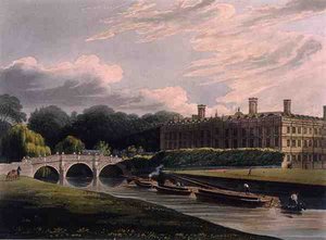 Exteriör av Clare Hall, Cambridge, från "The History of Cambridge", graverad av J. Bluck (fl.1791-1831), pub. av R. Ackermann av Augustus Charles (after) Pugin