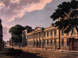 Framsida av Emmanuel College, Cambridge, från "The History of Cambridge", graverad av Joseph Constantine Stadler (fl.1780-1812), pub. av R. Ackermann