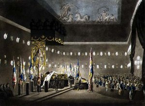 Rester av Lord Viscount Nelson som ligger i staten i den målade kammaren på Greenwich Hospital, graverade av J. Merigot, pub. 1806 (färggravyr) av Augustus Charles (after) Pugin