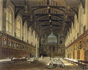 Interiör av Hall of Christ Church, illustration från "Historien om Oxford" graverad av puben J. Bluck (fl.1791-1831). av R. Ackermann, 1814 (akvatint) av Augustus Charles Pugin
