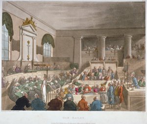 Interiörvy av Sessions House, Old Bailey, med en domstol i session, City of London, 1809
