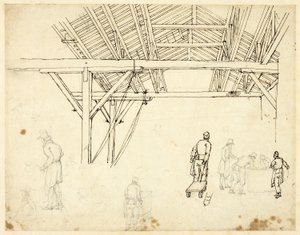 Rejected Study, möjligen för en illustration av Custom House, från Microcosm of London (recto); Skisser av arbetare med tunnor (verso) av Augustus Charles Pugin