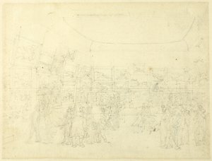 Studie till utställning av akvarellteckningar, Old Bond Steet, från Microcosm of London av Augustus Charles Pugin