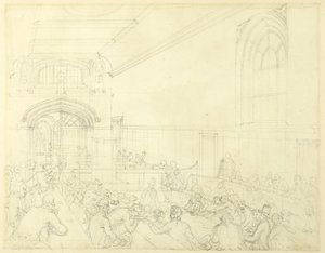 Studie för Guild Hall, Examination of a Bankrupt Before His Borgenärer, från Microcosm of London av Augustus Charles Pugin