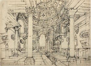 Studie för Walbrook Church (recto); Skisser av segelbåtar, män och jollar (verso) av Augustus Charles Pugin