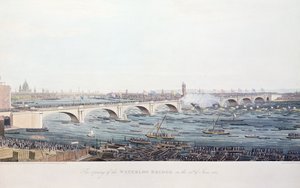 Öppnandet av Waterloo-bron den 18 juni 1817, etsat av A. Pugin efter en teckning av W. Findlater, graverad av R. Havell und Son, 1818 (färgstick) av Augustus Charles Pugin
