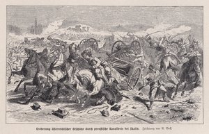 Österrikiska kanoner fångade av preussiskt kavalleri i slaget vid Skalitz, Böhmen, österrikisk-preussiska kriget av Augustus J. Beck