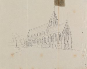 Skiss över en gotisk kyrka av Augustus Welby Northmore Pugin