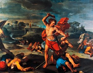 Simson dödar filistéer, målning av Aureliano Milani (1675-1749), olja på duk, 225x290 cm, Italien