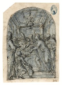 Presentationen i templet (krita med penna och bläck, lavering och vit förhöjning på papper) av Aurelio (attr. to) Luini